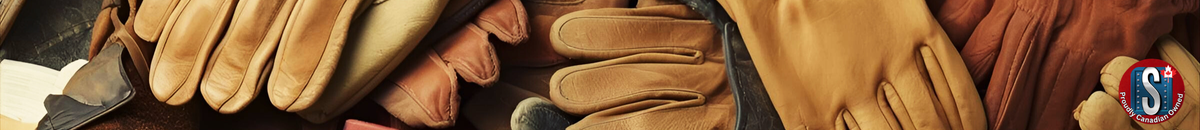 Stack of durable leather work gloves in tan and brown shades, representing Skookum Tools' leather safety gloves category for welding, construction, and industrial use.